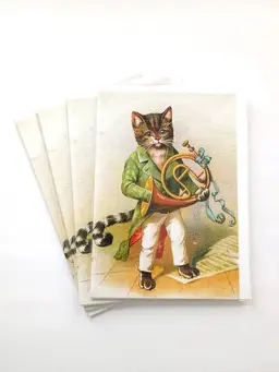 4 x CUTE Horn Player Cat Vintage Illustration Greeting Cards and Envelopes