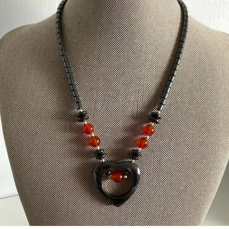 Vintage Natural Hematite Heart Pendant Necklace