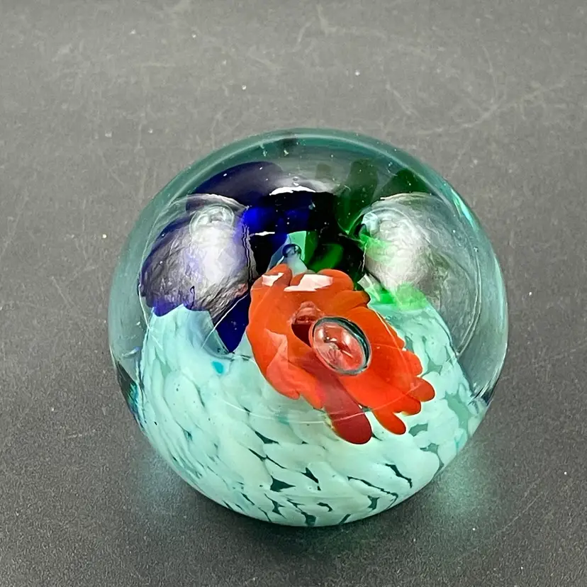 Art Glass Paperweight Orange Blue Green Flowers Large Controlled Bubbles VTG