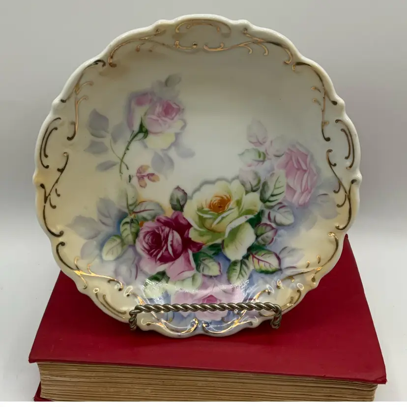Antique Scalloped, Porcelain Cabinet Plate, Hand Painted Roses 7”