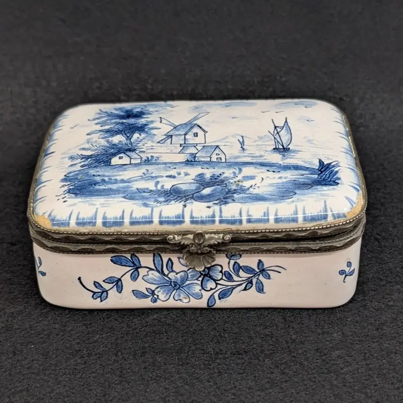 Antique Dutch Delft Snuff Box Hinged Trinket Box Windmill Ships Houses Flowers