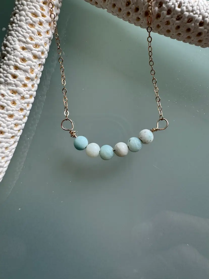 #52 Gold Filled Dainty Necklace Adorned With Caribbean Calcite Blue Green And Cream Round Stones 19” Minimalist Beach Seashore Colors. 