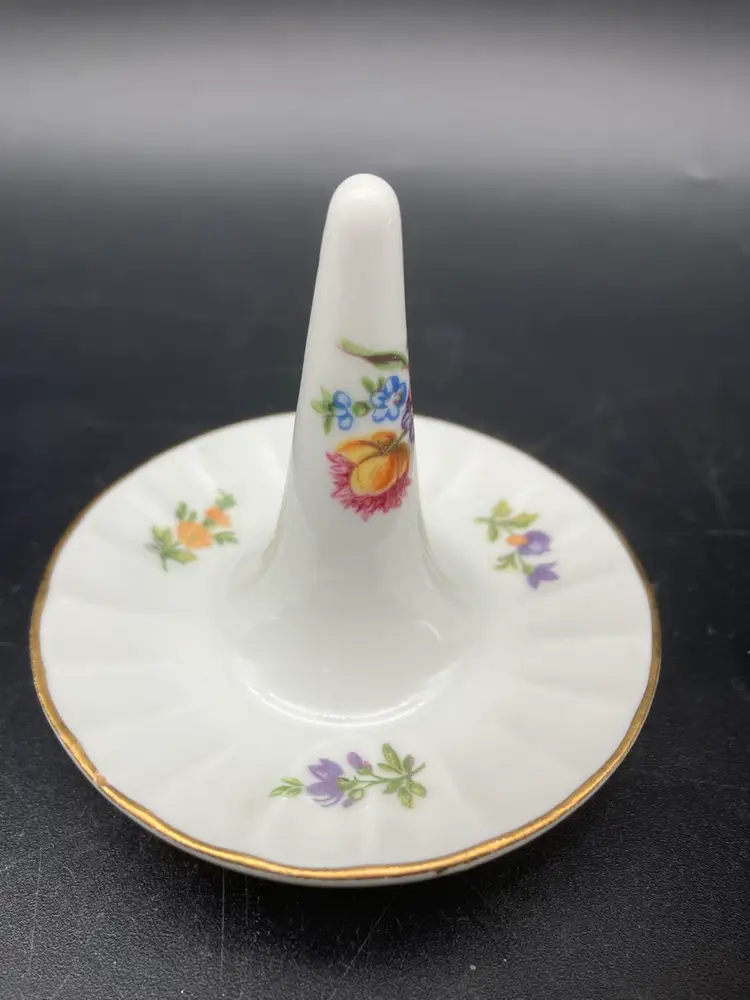 BIN - Vintage Crown 1877 GDR Porcelain Floral Ring Holder 3”