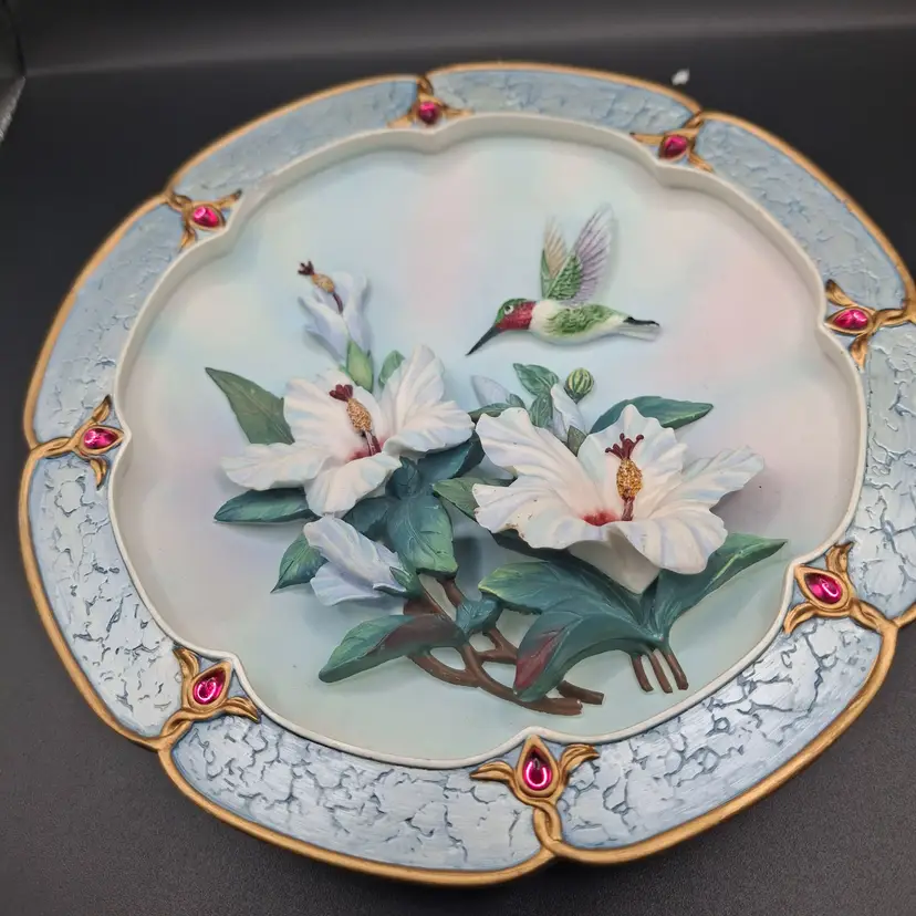 Limited Edition Rose-Colored Dawn Plate By Lena Liu With Hummingbird & Flowers