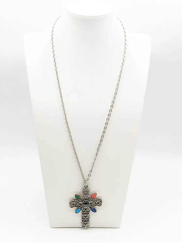 Vintage Avon Filigree Cross Necklace Colored Stones Silver Tone
