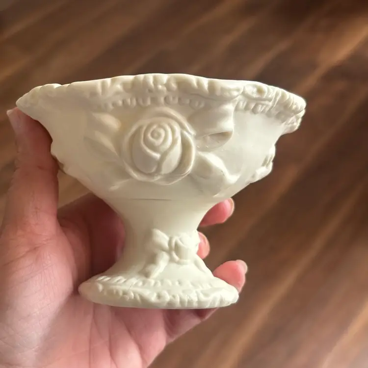 Vintage Jasperware Style Matte Porcelain Bow Cameo Rose Small Compote Pedestal Dish