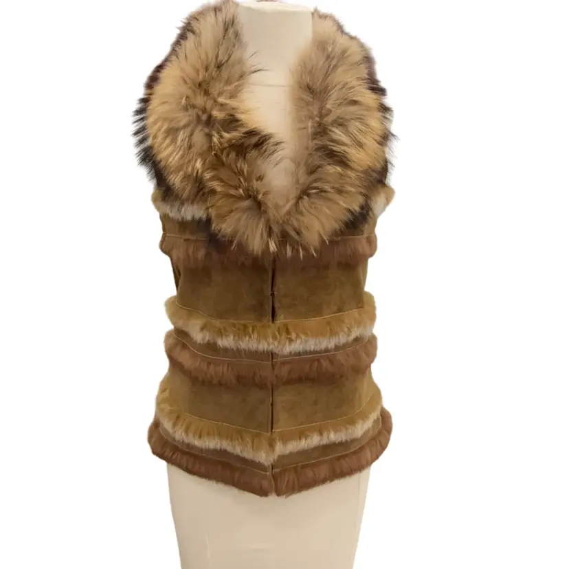 Vintage Cache Suede Leather Fur collar Patchwork Vest -brown tan size 0