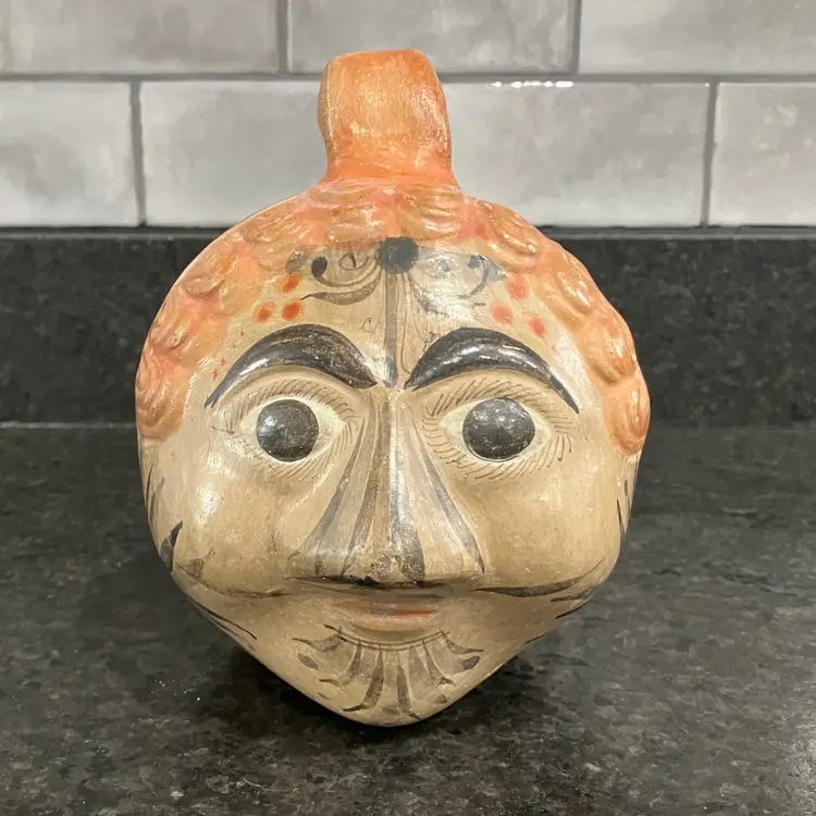 Tonala Mexican Face Piggy Bank Folk Art Terra Cotta Pottery 1960s Vintage Mexico