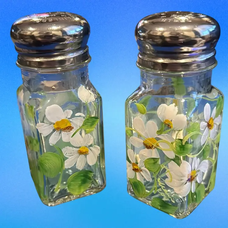 Vintage Glass Hand Painted Salt & Pepper Shakers With Stainless Lids