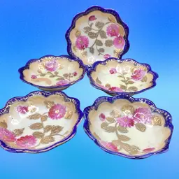 6 Pc Vtg Cobalt Porcelain Hand Painted Gold Floral Scalloped Edge Serving Dish W/5 Sauce Dishes, Very Old. Beautiful