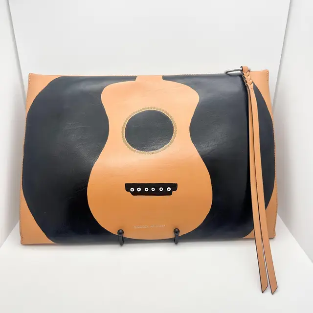 Hand Painted Guitar Rebecca Minkoff Honey Brown Leather Cage Large Zip Clutch Handbag NWT