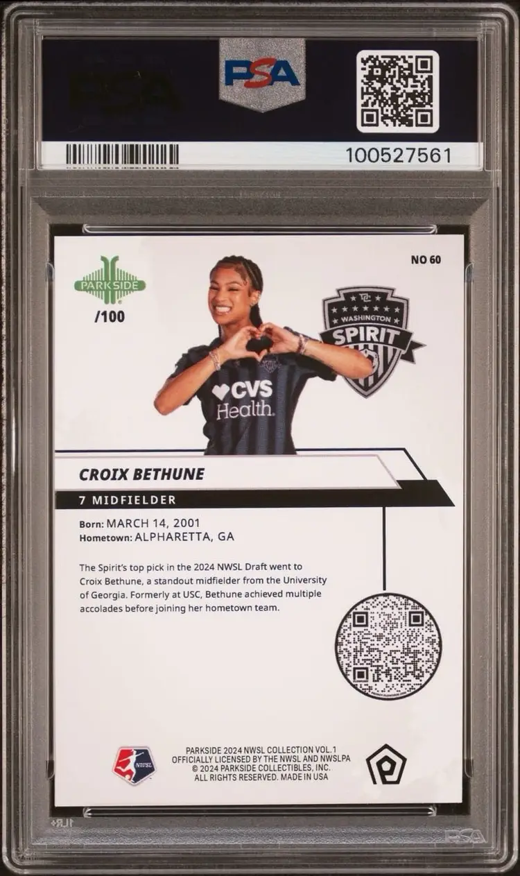 Croix Bethune PSA 9 Shimmer Rookie /100 - 2024 Parkside NWSL Vol 1 #60 Pop 2 - Spirit