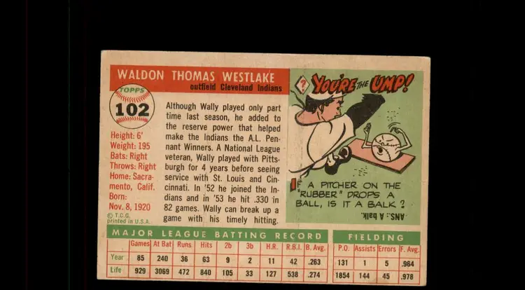 1955 Topps #102 Wally Westlake - (pk-tl1) - Cleveland Indians