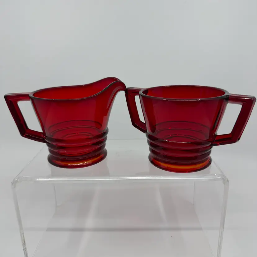 Vintage Imperial Glass Ruby Red Amberina Open Sugar & Creamer Glow