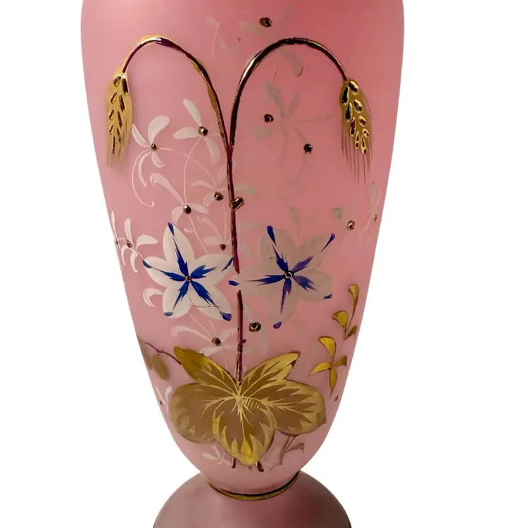 Vase Antique Victorian Pink Satin  Bristol Blown Glass  Hand Painted Florals
10-1/4” T x 3-3/8” W (top) x 3-1/4” W (base)”