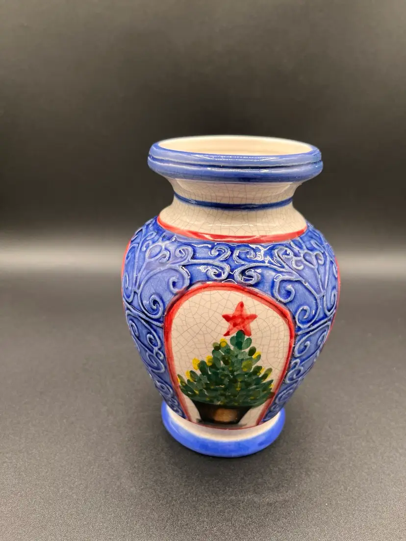 **Blue Holiday Christmas Motif Pottery Vase 6”