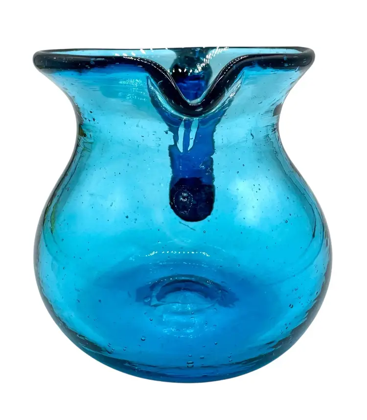 Vintage Hand Blown Glass Small Pitcher Creamer Blue Bubbles Thick Handle 3.75”