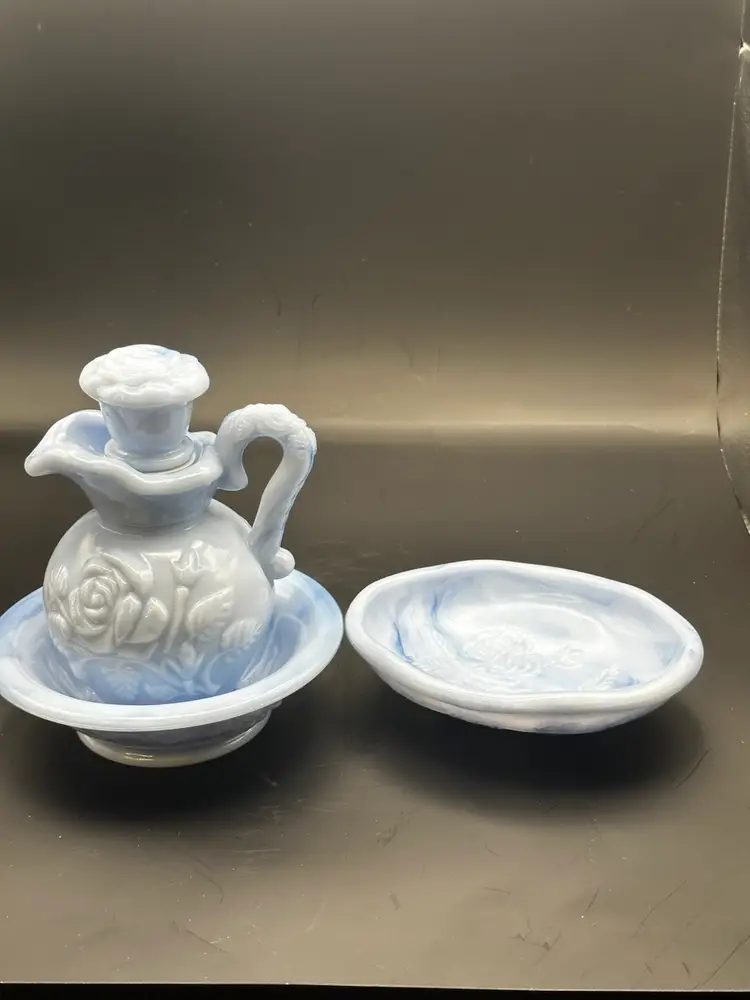 A32 Avon Victorian blue marbled milk glass pitcher and bowl set