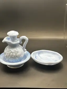 A32 Avon Victorian blue marbled milk glass pitcher and bowl set