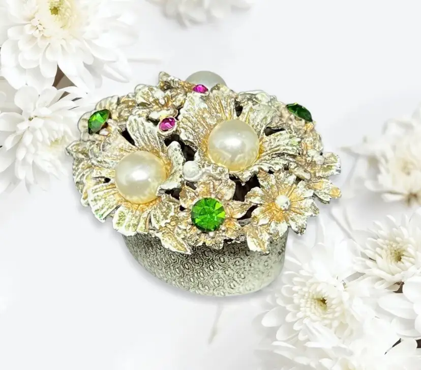 Vintage Antique Florenza Pearl Rhinestone Pink Enamel Flower Jewelry Trinket Box