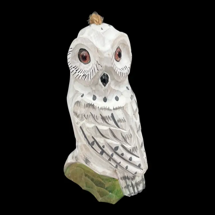 Carved Wood Snowy Owl Ornament, Handpainted Owl Ornament Figurine
