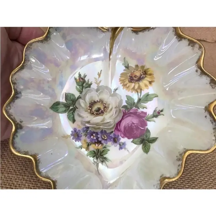 Vintage Lusterware Leaf Floral Candy Dish Limoges Elegant Victorian Romance