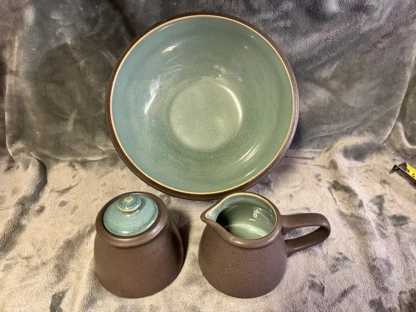 (3) Teal Blue Gray Speckled Stoneware Pottery Serving Bowl Dish Sugar & Creamer