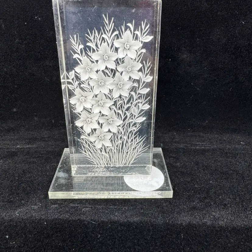Lucite Carved Flowers Paperweight