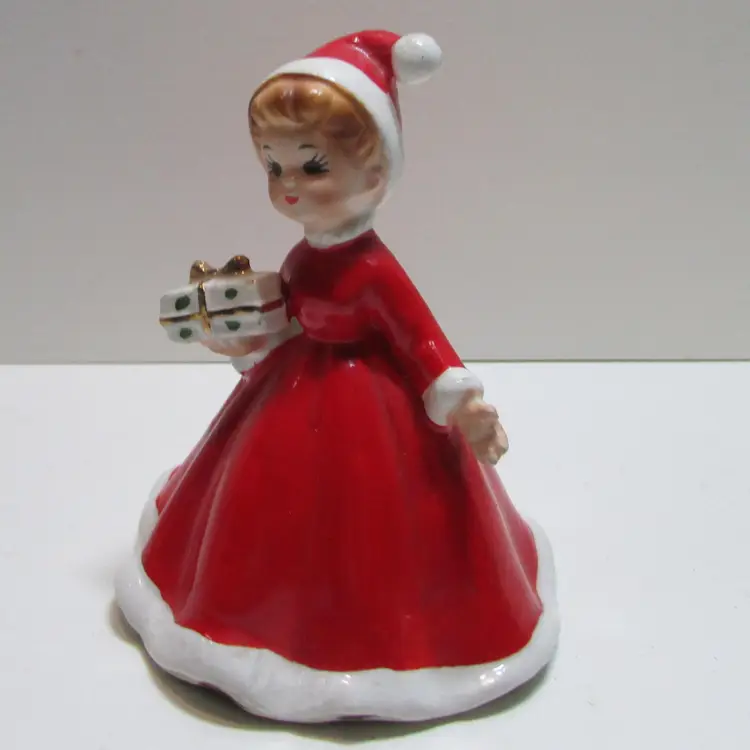 vintage Josef Originals Christmas bell girl in red dress figurine holding gift