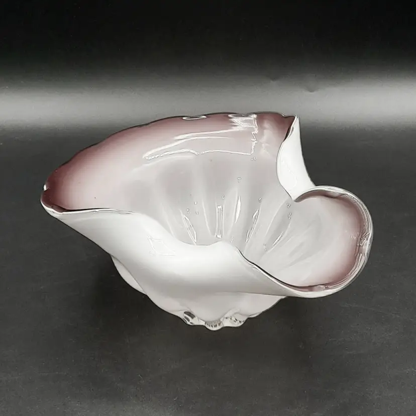 Art Glass Amethyst Purple and White Cased Folded Edge Shell Bowl Dish