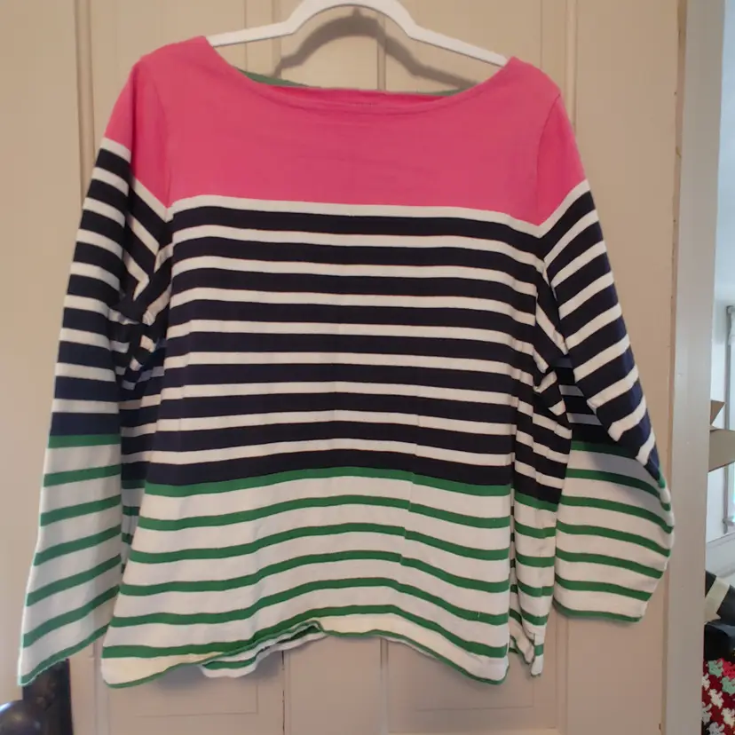Top- Brand: Talbots. Size Petite 2X. Pink striped top. Material- 100% cotton. No callouts.