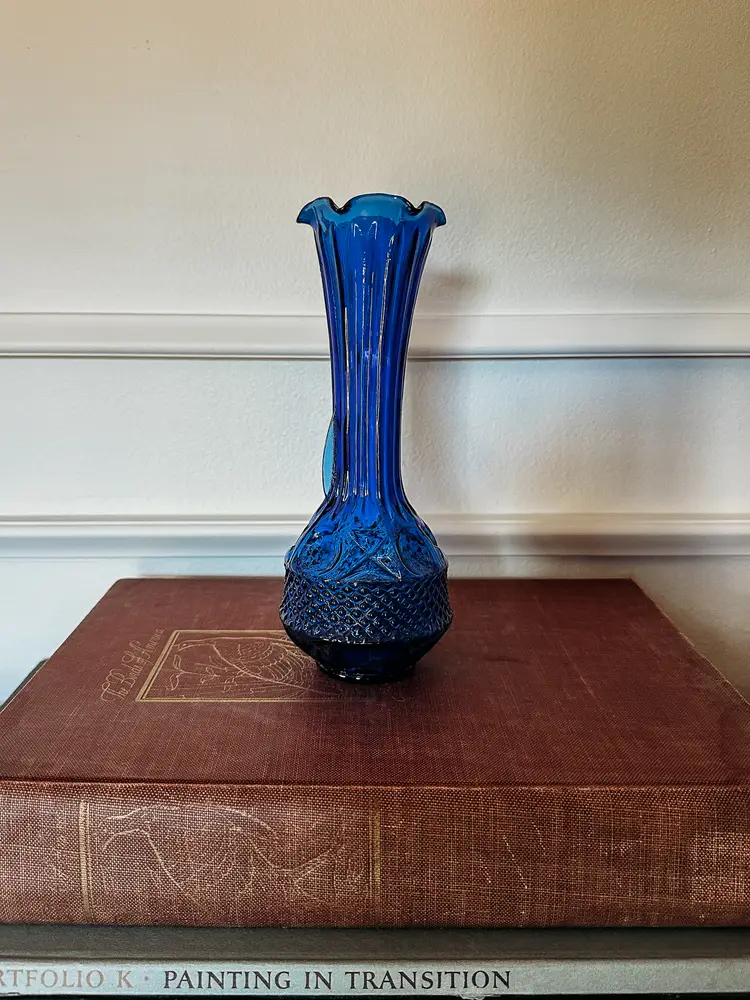 Vintage Blue Pressed Glass Thumbprint Bud Vase XO Hobnail Ribbed Neck
