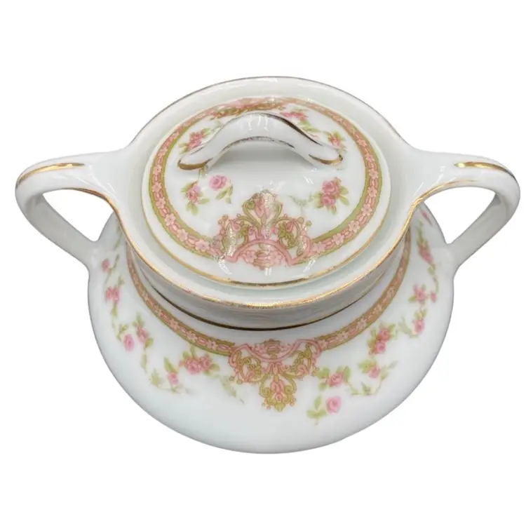 Antique Bassett Limoges Austria Porcelain Lidded Sugar Bowl, Pink Roses, #BSS21