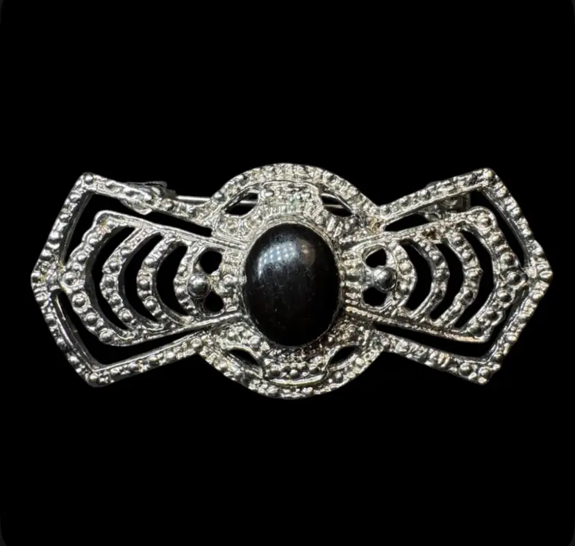 Beautiful Brooch Pin Silver Tone Texture Black Enamel 2 x 1" Vintage