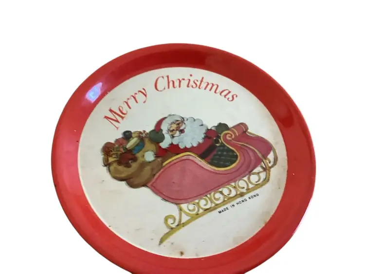 Vintage Metal Christmas Coasters Set of 6 Santa Rudolph Made in Hong Kong