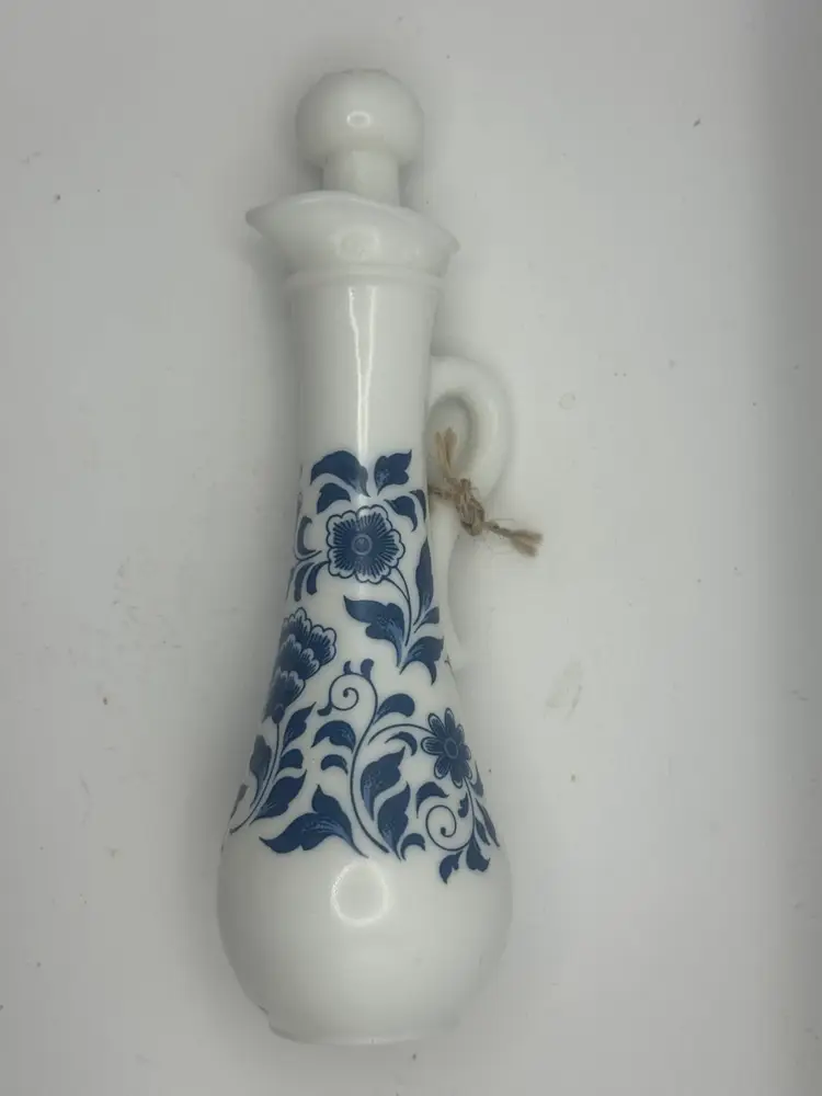 Vintage Avon Delft Blue Milk Glass Bath Oil Pitcher 9”