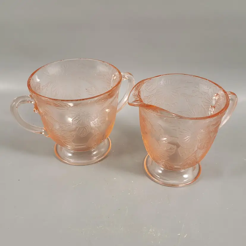 Vintage MACBETH-EVANS Pink Dogwood Apple Blossom Glass Creamer And Sugar Set