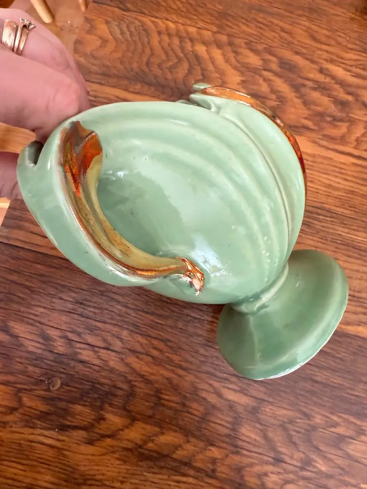 Vintage Green Ceramic Pedestal Vase with Gold Handles | Mid-Century Art Pottery Centerpiece 6.5"