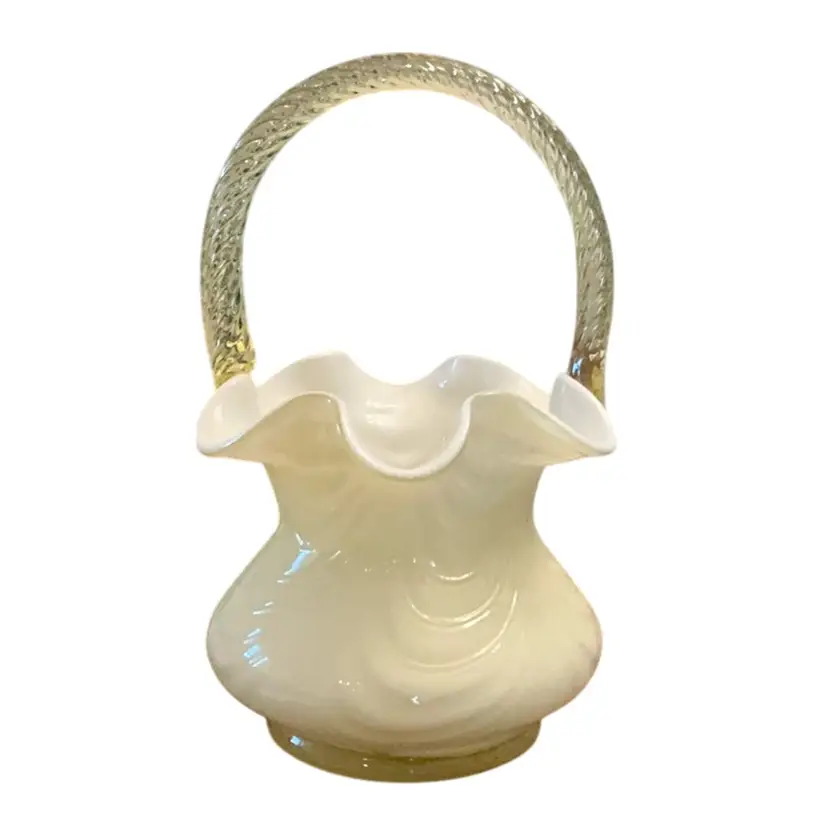 Fenton Candle glow Yellow Ivory Crest  Drapery Optic Cased Basket 8” X 5” Glows Pink!