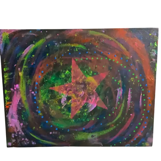 25 “Galactic Pink Star ⭐️ Is Born” “ Question Nebula” Celestial Vibes Part Of 100 Days Of Wonder 2025 UV Glowy Mixed Media On Canvas Arteaza Panel 14” By 11”