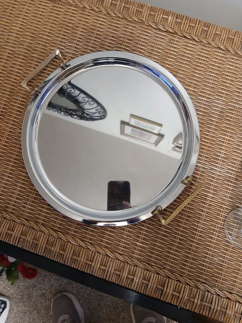 Vintage Kromex Round Serving Tray with Gold Handles