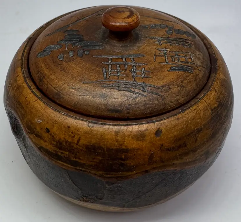 Vintage Made In Japan Carved Wood Trinket Box Mt Fuji Torii Cherry Bark 3”x 2”