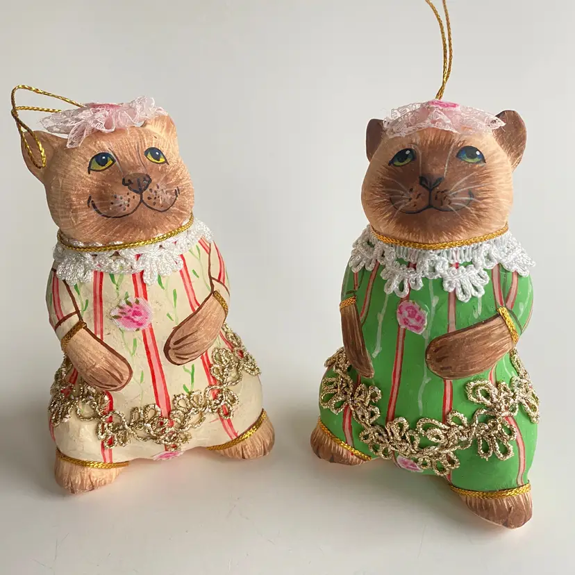 2 Paper Mache Cat Ornaments - Vintage Hand Painted Victorian Dress