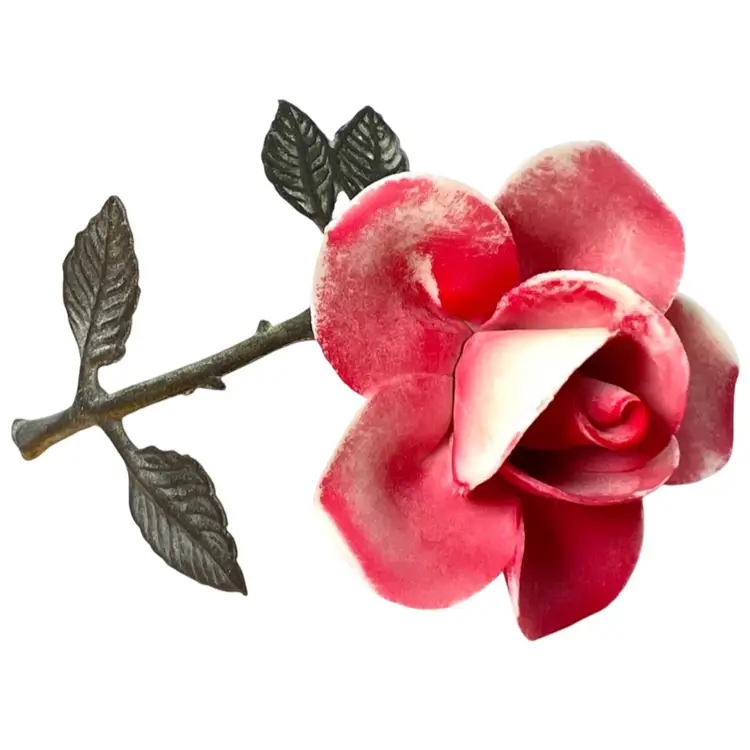 Vintage Ceramic Free Standing Red Pink Rose Flower. Brass Metal Stem With Brass Leaves.🍂
