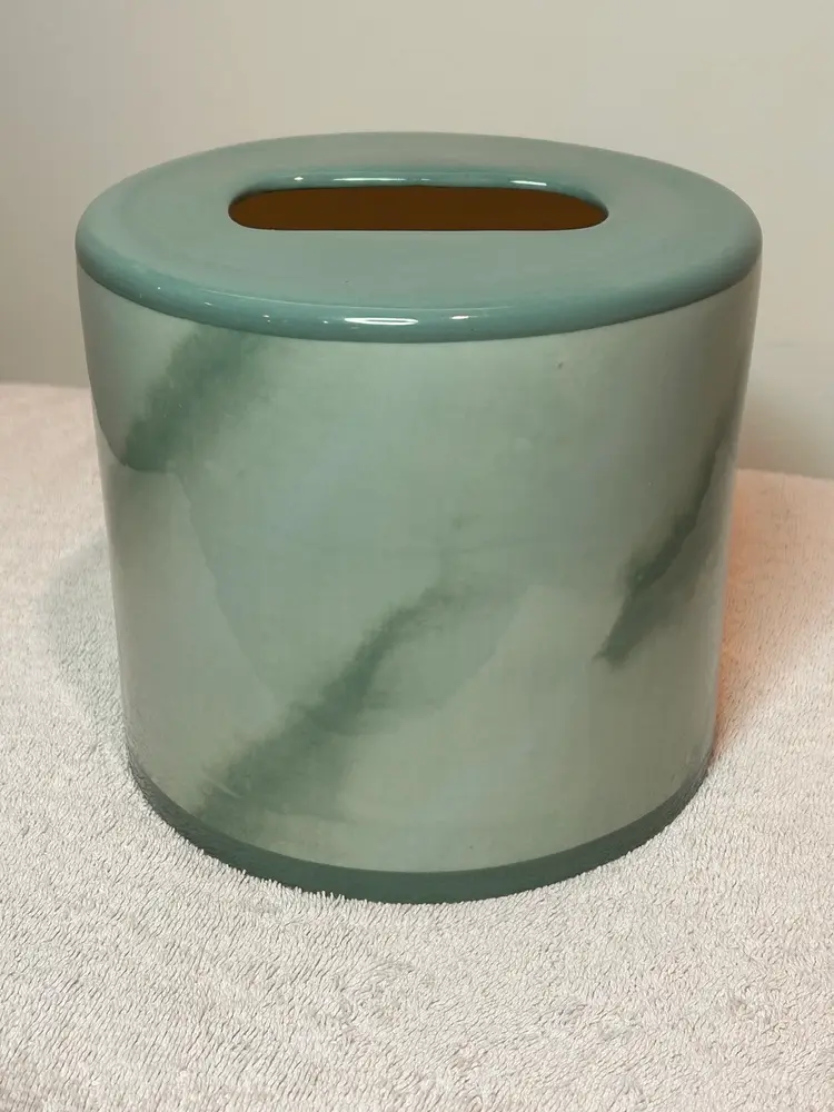 Vintage Vohann Tissue Box Cover Tie Dye Sage Green Round Ceramic Cover 6” x6”