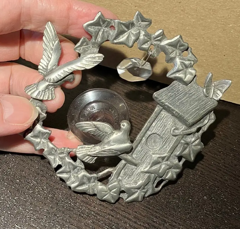 Pewter Circular Birds and Birdhouse Garden With Hanging Clear Plastic Gem