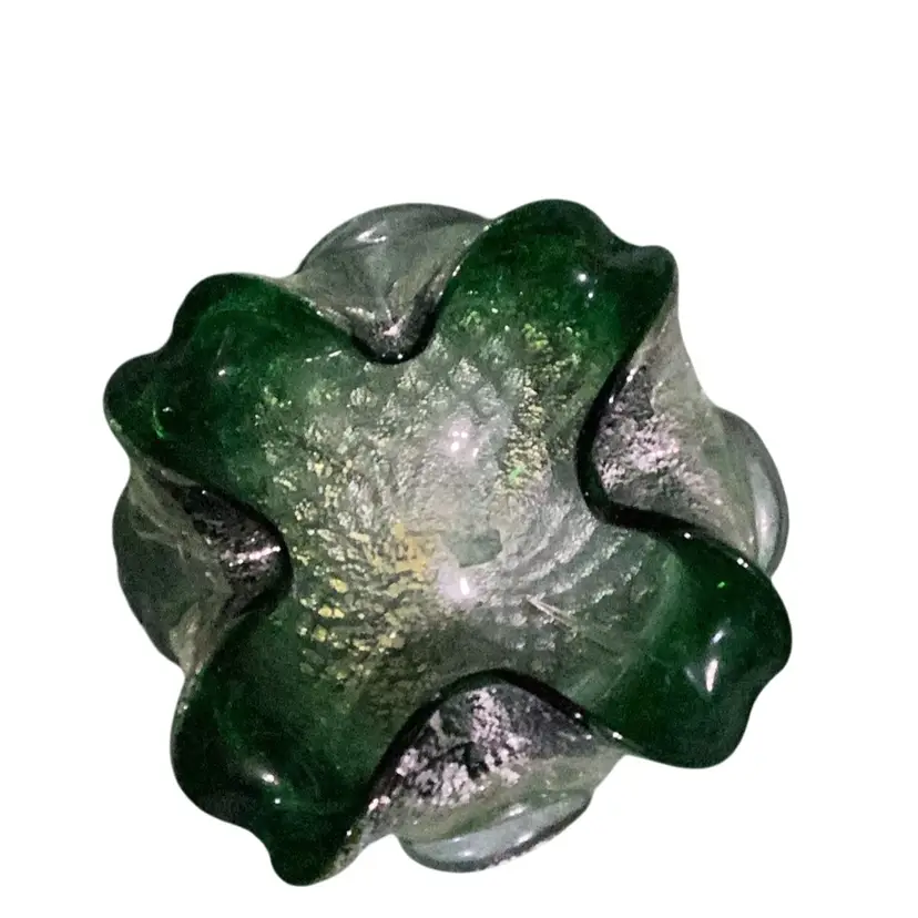 Hand Blown Glass Bowl Green With Silver/gold Flecks 3.5” T X 7” W