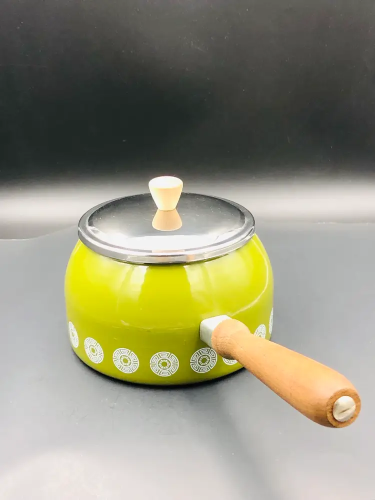 Vintage Fondue Pot Retro Avocado Green Enamel 1960s