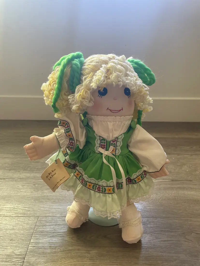 Hand Made Cloth Kammie Doll by Lorryn Curly Blond Hair Green Outfit Blue Eyes