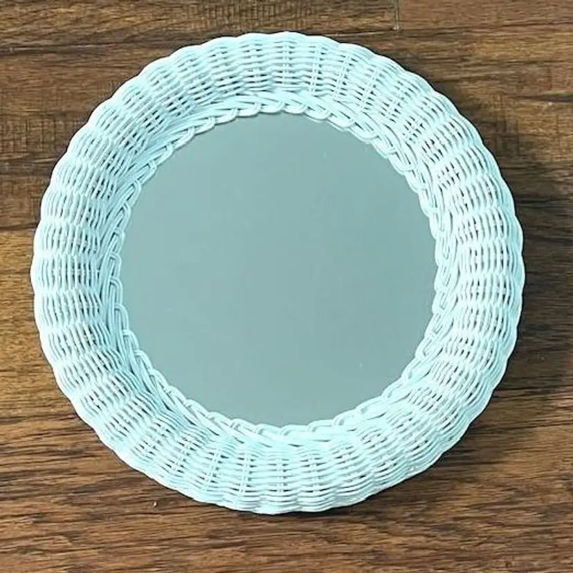 Vintage 12" inches White Wicker Round Mirror Boho Cottage Shabby Chic